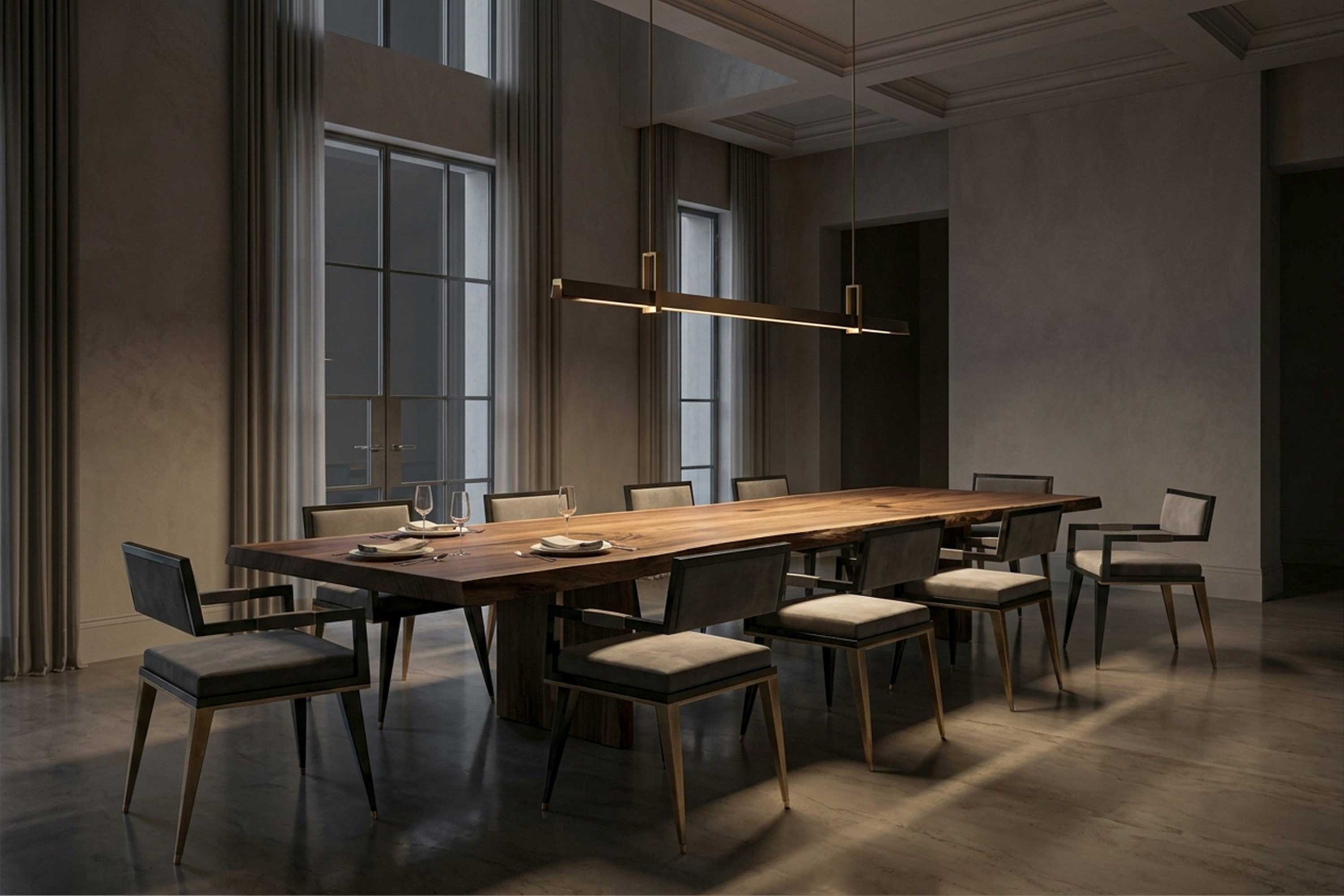 Le Loup Chairs with obsidian lacquer frames and patina bronze legs around a live edge wood table, staged in a dark interior with a linear pendant — Palena Studio