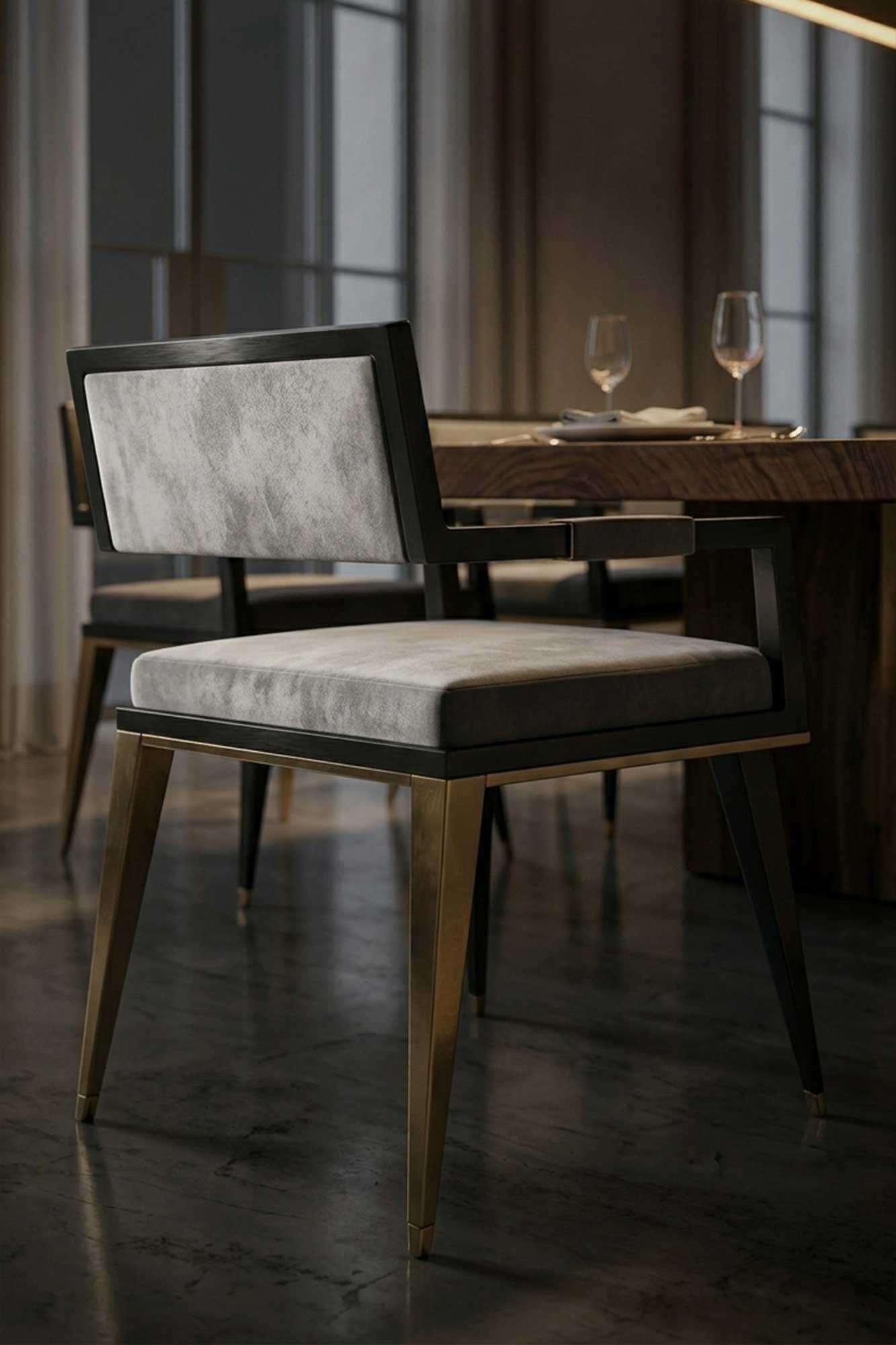 Le Loup Chair with an obsidian lacquer frame, tapered patina bronze legs and velvet upholstery, staged at a live edge wood table in a dark moody interior — Palena Studio