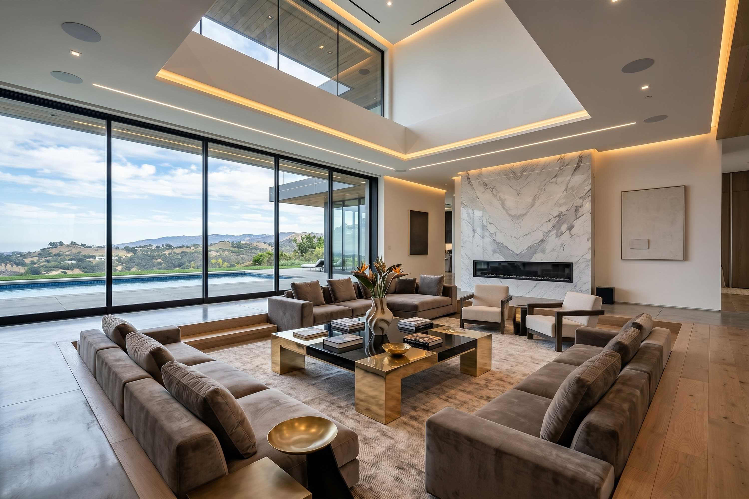 Puzzle Coffee Table in polished bronze with an obsidian mirror gloss lacquer top, staged in a sunken seating area with a marble fireplace wall and landscape views — Palena Studio