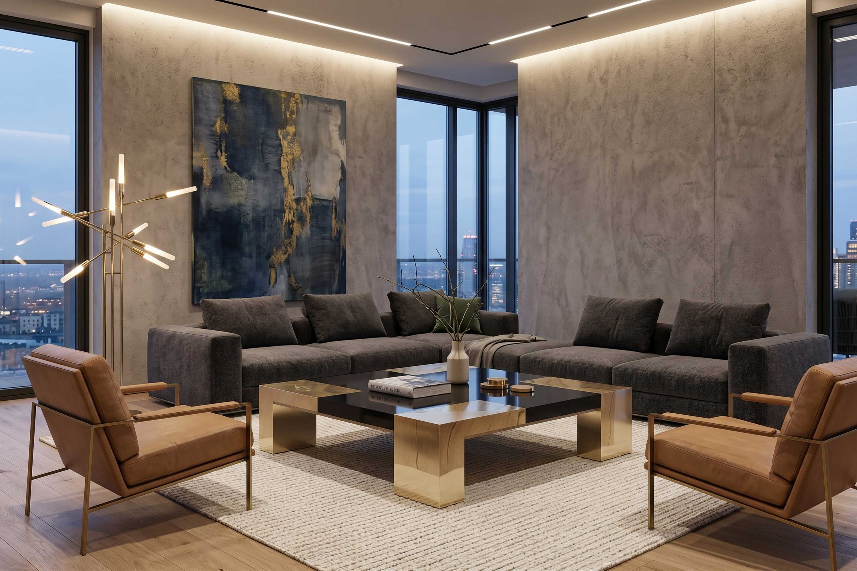Puzzle Coffee Table in polished bronze with an obsidian mirror gloss lacquer top, between a charcoal sofa and leather armchairs beneath a large abstract painting — Palena Studio