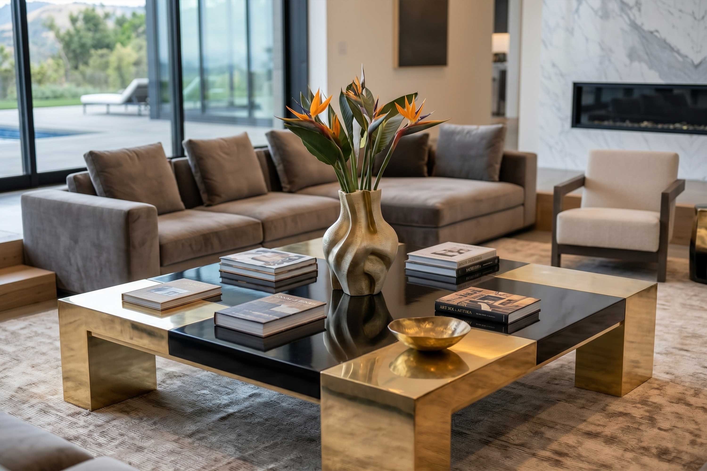 Puzzle Coffee Table in polished bronze with an obsidian mirror gloss lacquer top, close view with books, a decorative bowl and a vase of flowers — Palena Studio