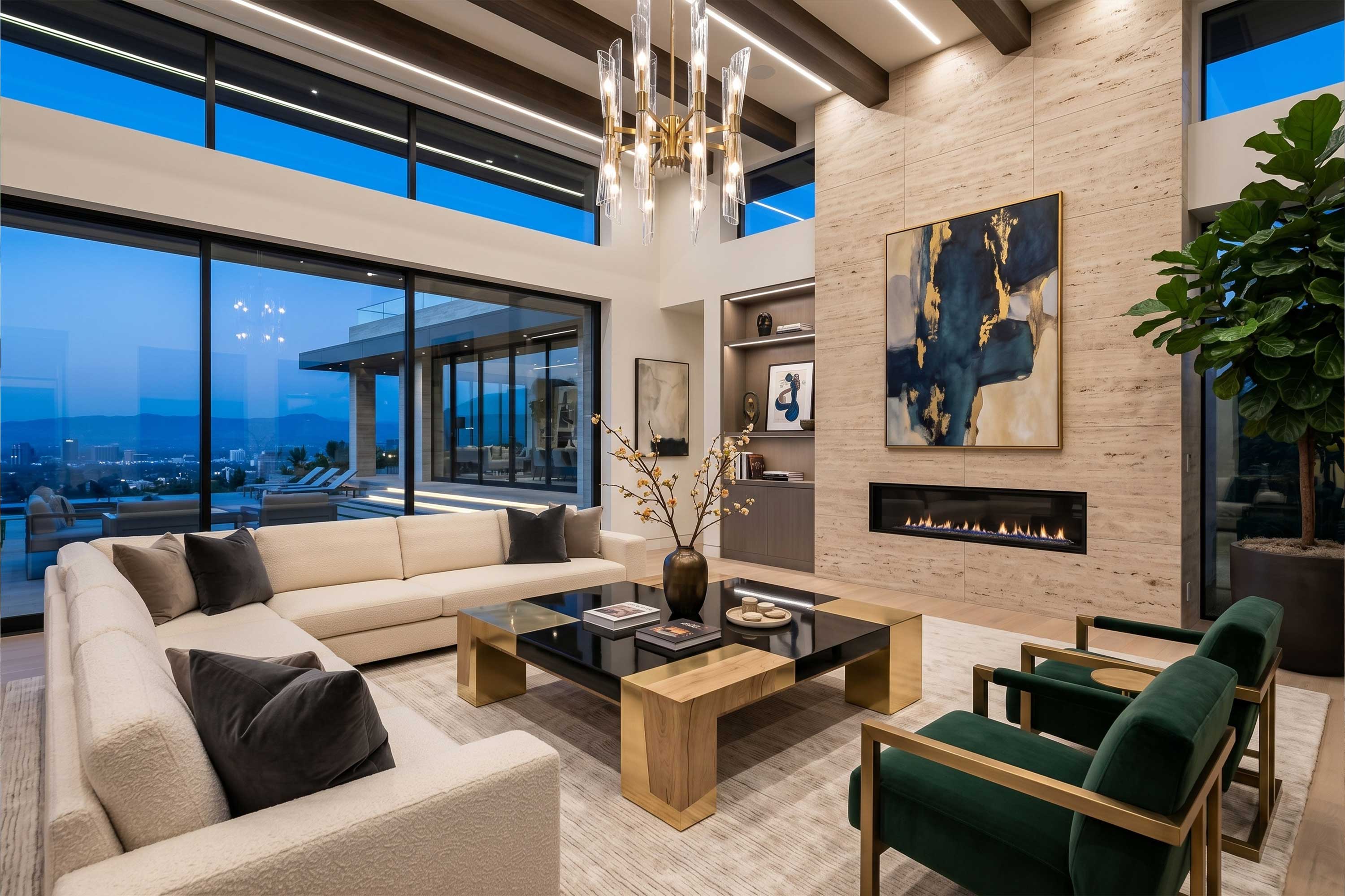 Puzzle Coffee Table in polished bronze with an obsidian mirror gloss lacquer top, staged in a double height interior with a stone fireplace wall and dusk views — Palena Studio