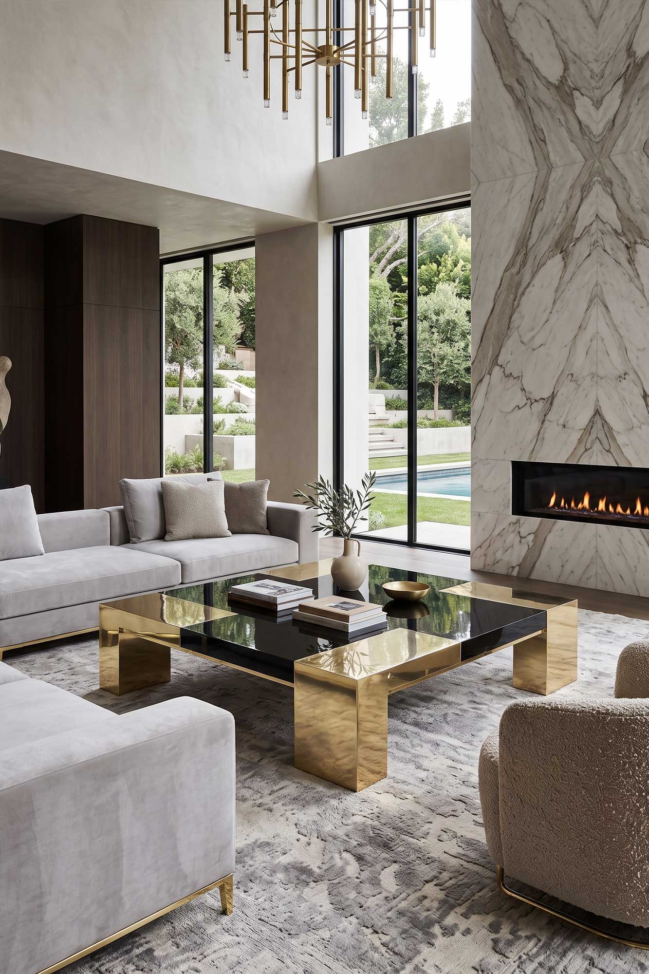 Puzzle Coffee Table in polished bronze with an obsidian mirror gloss lacquer top, in a double height interior with a veined marble fireplace wall — Palena Studio