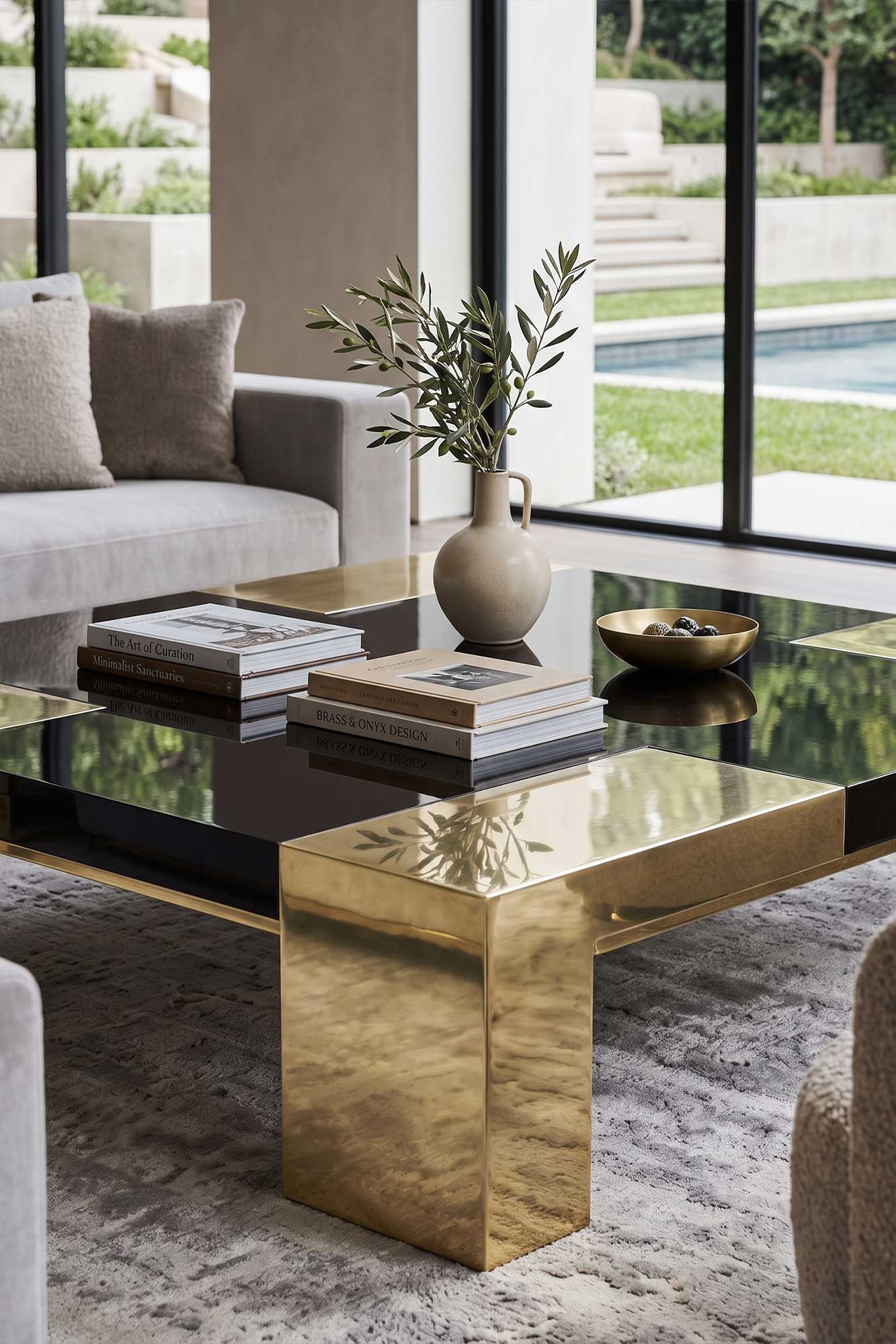 Puzzle Coffee Table in polished bronze, close view of the obsidian mirror gloss lacquer top and bronze base with an outdoor pool beyond — Palena Studio