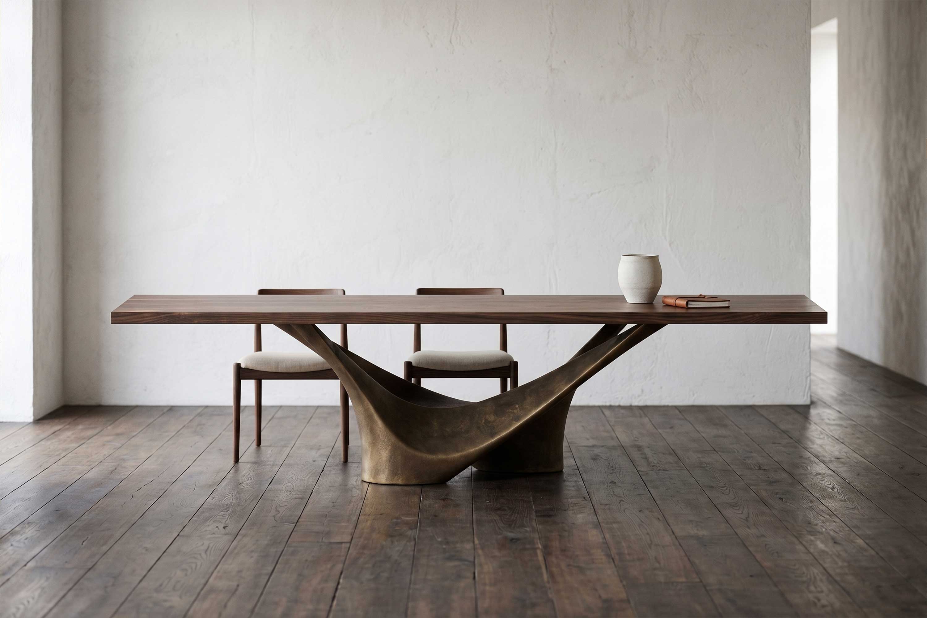 Vortice Dining Table with a sculpted cast bronze base and American walnut top, staged in a minimal white plaster interior with a dark timber floor — Palena Studio