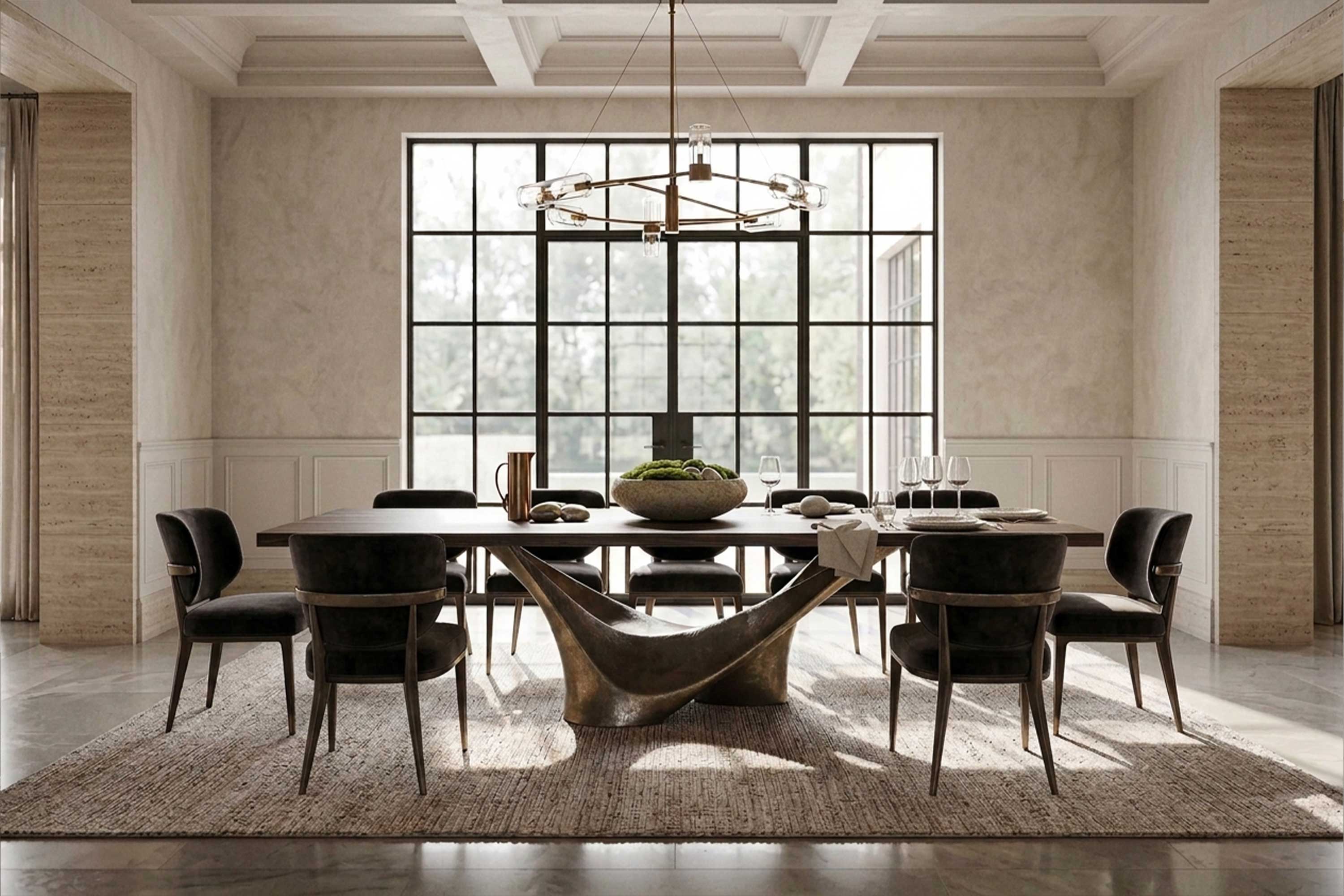 Vortice Dining Table with a sculpted cast bronze base and American walnut top, staged in a classical interior with a coffered ceiling and black steel framed windows — Palena Studio