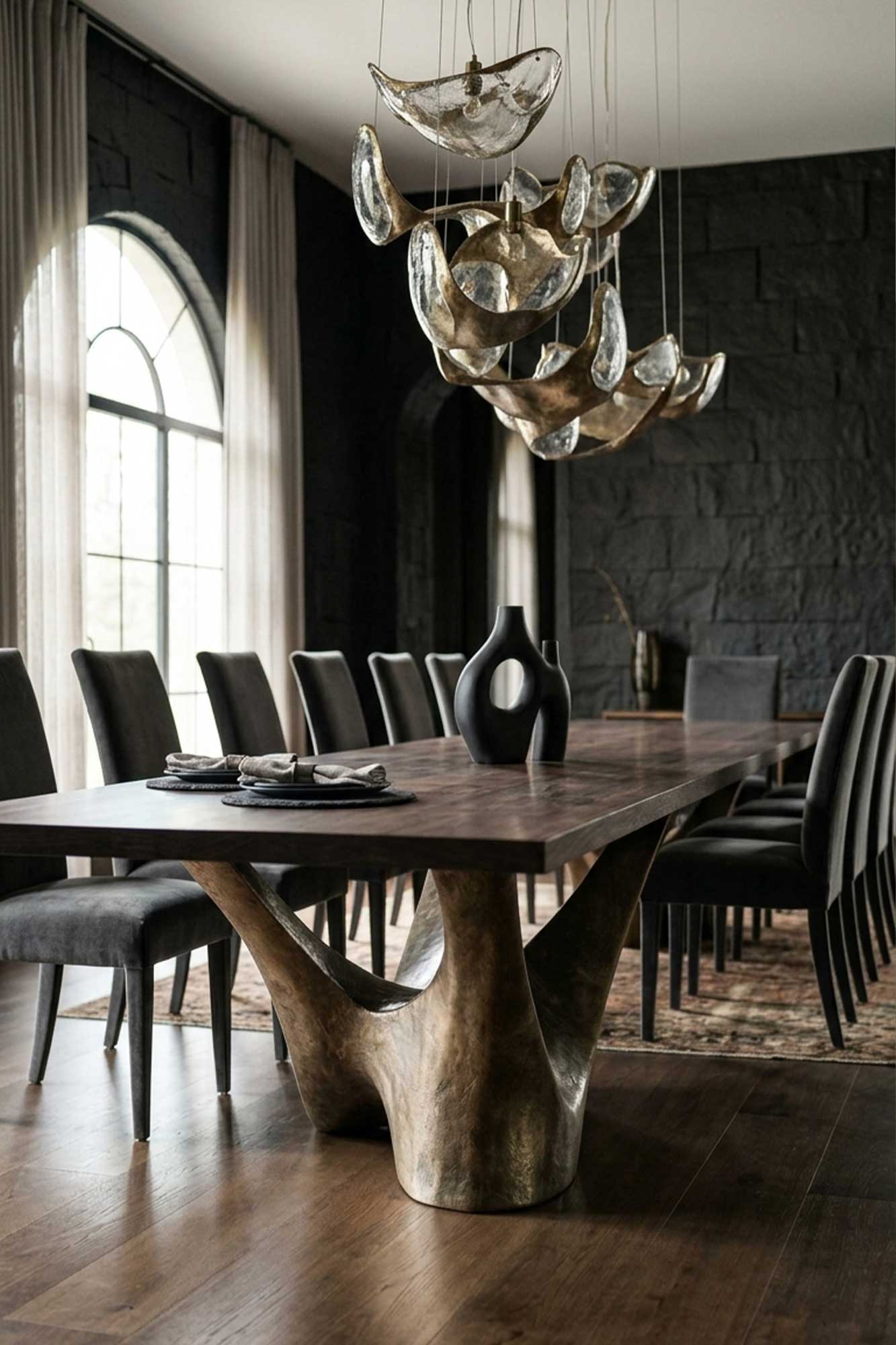 Vortice Dining Table with a sculpted cast bronze base and American walnut top, staged in a dark stone walled interior with an arched window — Palena Studio